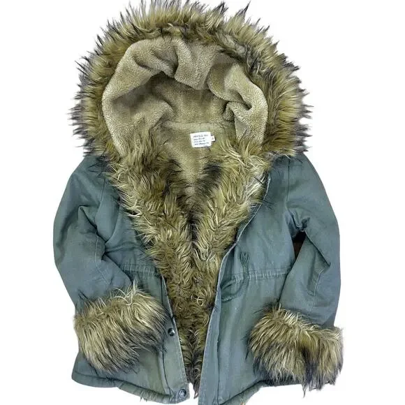 Vintage Olive Green Faux Fur Parka Coat Y2K Boho Festival Jacket Street Style - Picture 2 of 12